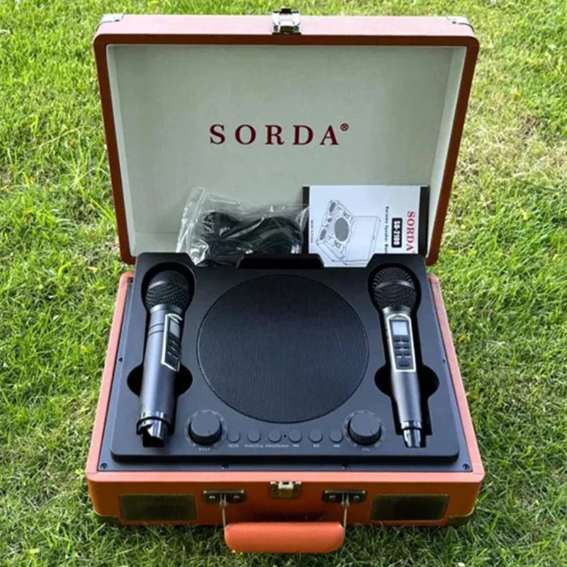 Sorda portable wireless home theater ktv speaker with two black microphones in an orange outdoor suitcase karaoke sd2109