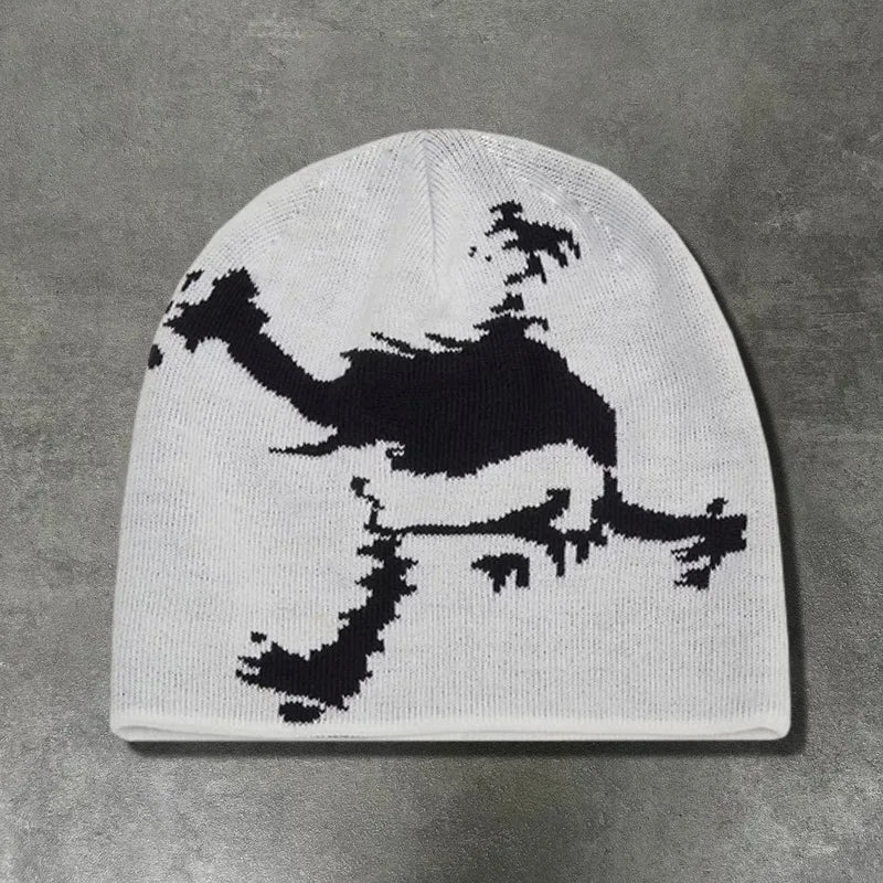 White knit beanie with bold black embroidered camel silhouette featuring fashion streetwear y2k and solid color letter design