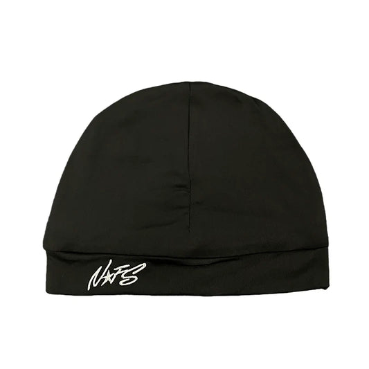 Black nafs beanie with white embroidered logo on folded brim, retro hip-hop style for trendy casual streetwear