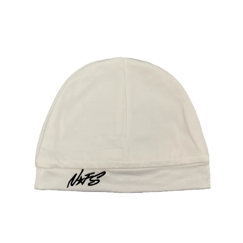 Cream-colored knit pullover hat trendy with black letter embroidery pullover logo on folded brim for casual versatile fashionable wear