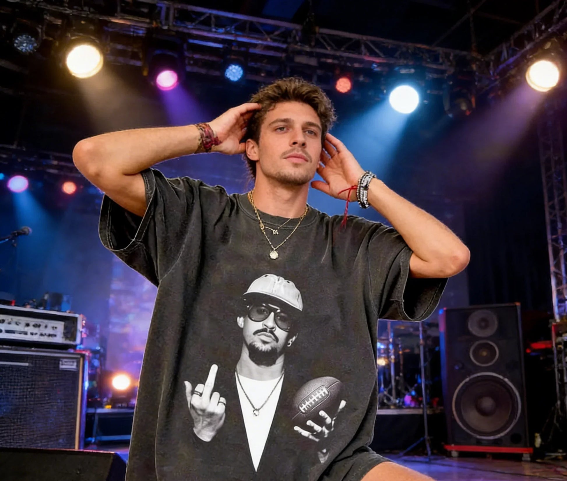 Black oversized cotton tee streetwear y2k with retro hiphop graphic of man holding football and making hand gesture