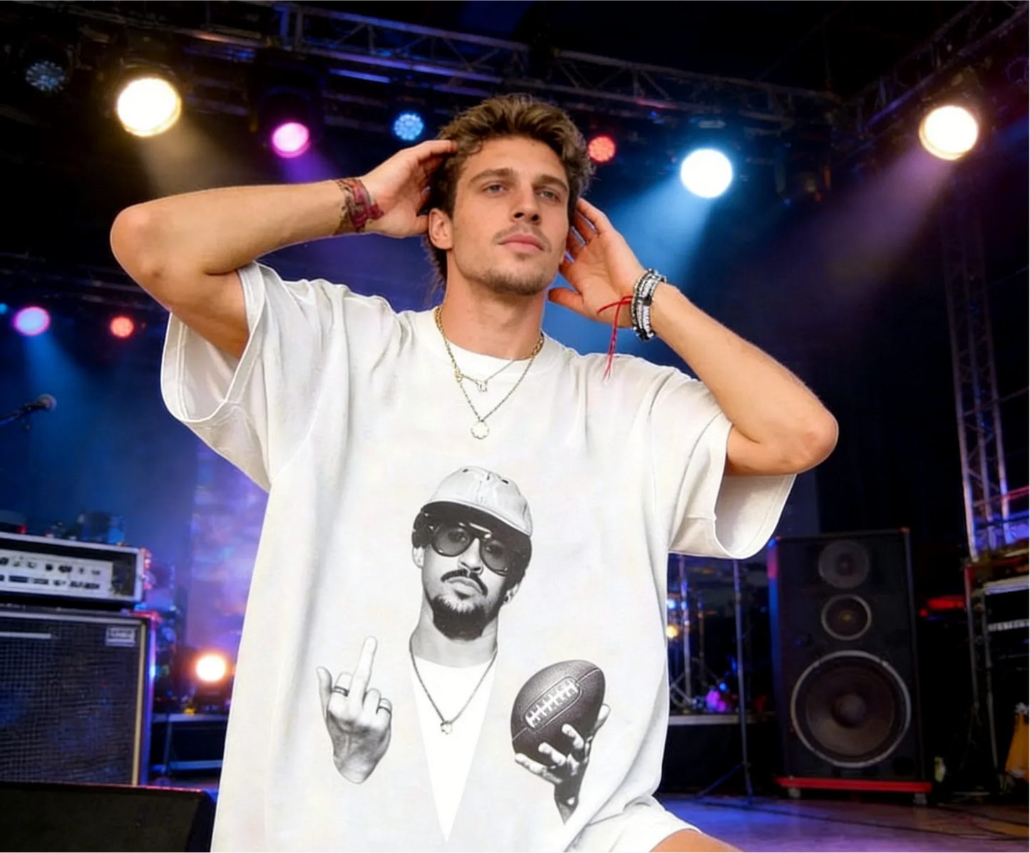 White oversized cotton tee streetwear y2k with retro hiphop graphic of man holding football and making hand gesture