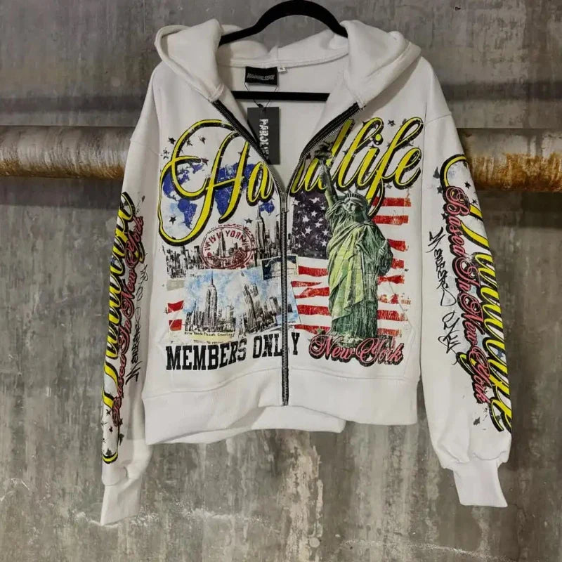 White zipper sweatshirt jacket with bold Statue of Liberty and New York skyline graphic for fashion personality design hoodie y2k