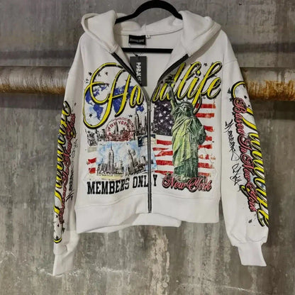 White zipper sweatshirt jacket with bold Statue of Liberty and New York skyline graphic for fashion personality design hoodie y2k