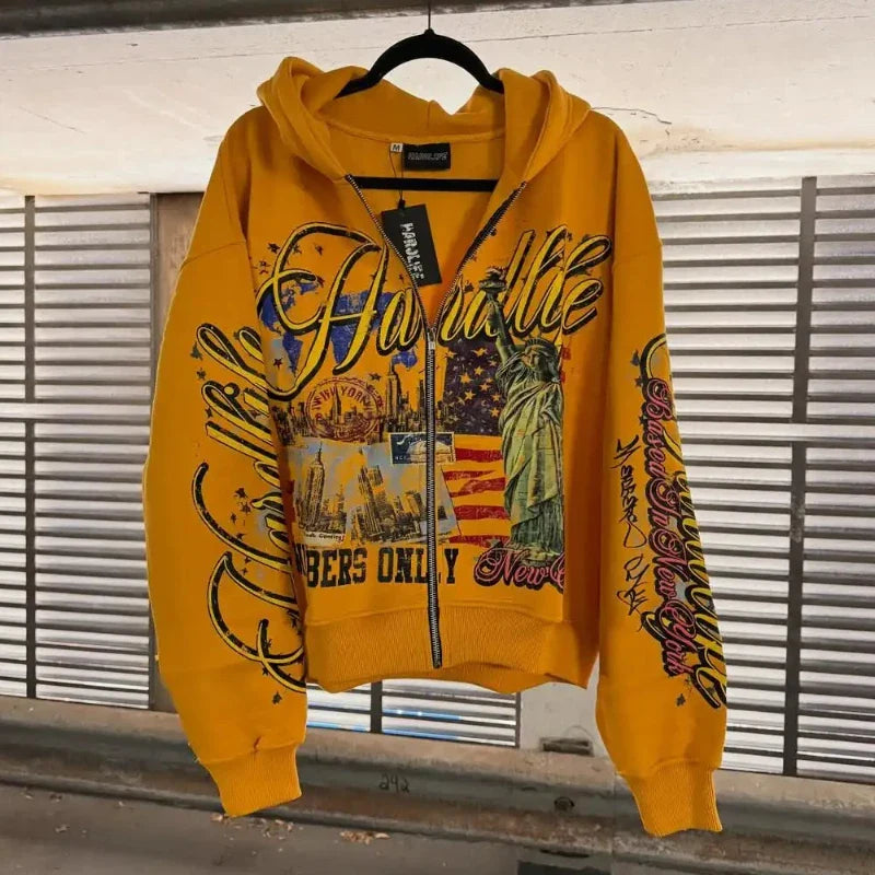 Vibrant yellow zipper sweatshirt jacket with bold hawaii graphic print and american flag motifs design hoodie y2k fashion personality design