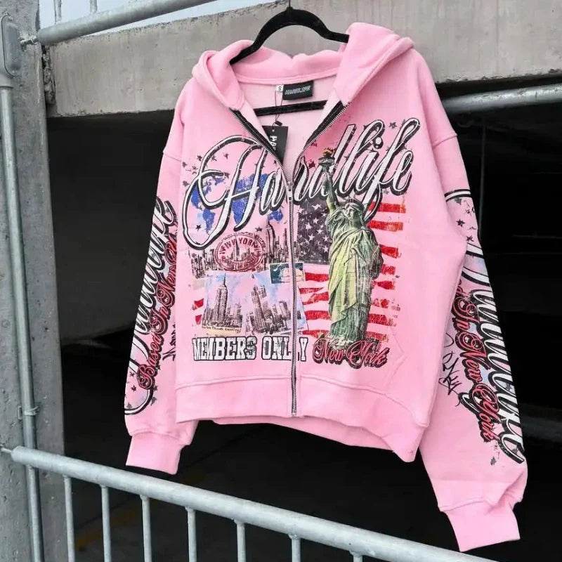 Pink zip-up hoodie with statue of liberty graphic and hardlife text featuring fashion personality design y2k style zipper sweatshirt jacket