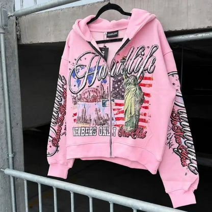 Pink zip-up hoodie with statue of liberty graphic and hardlife text featuring fashion personality design y2k style zipper sweatshirt jacket