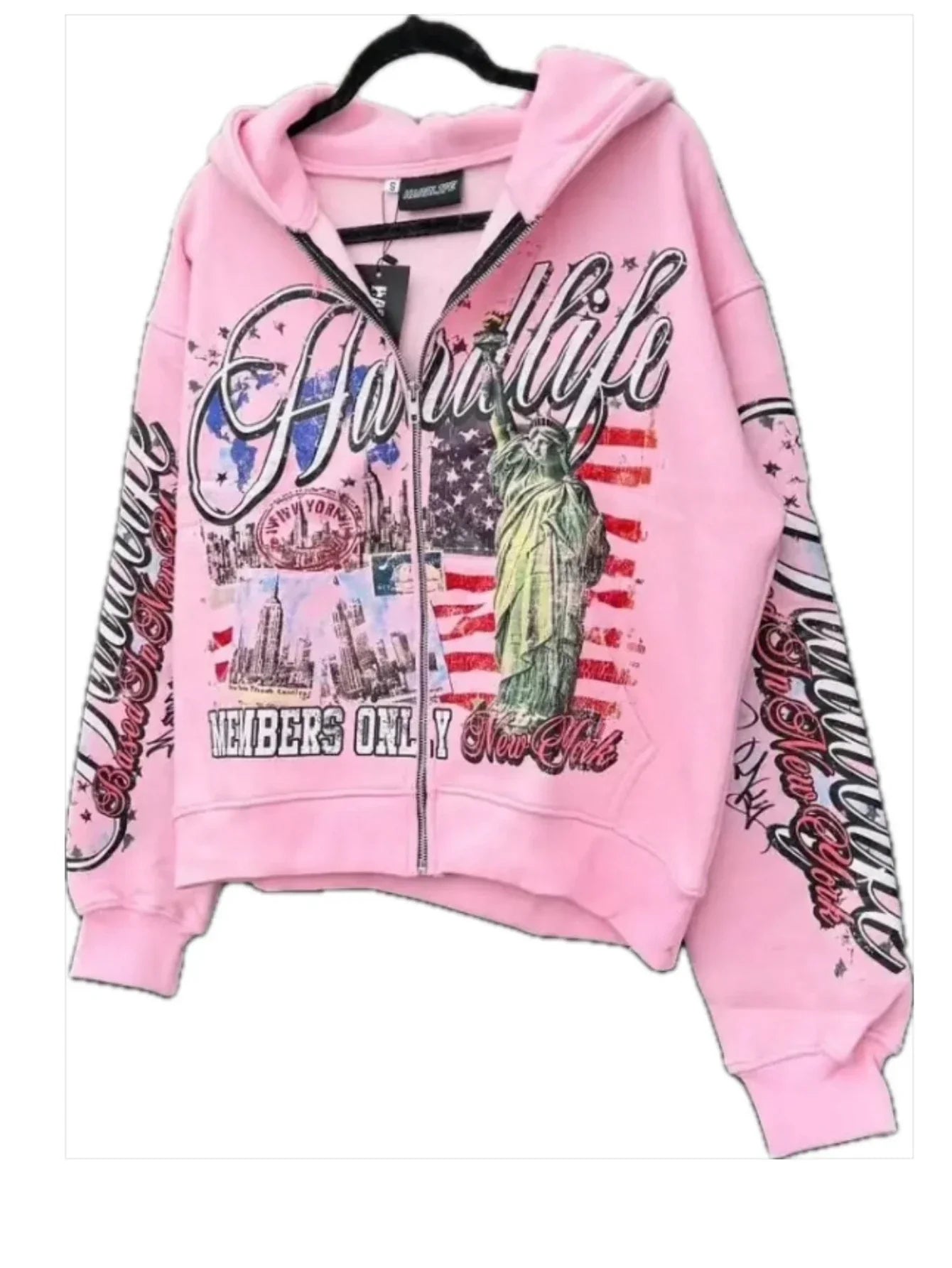 Pink cropped zipper sweatshirt jacket with bold statue of liberty american flag graphic design hoodie y2k fashion personality design