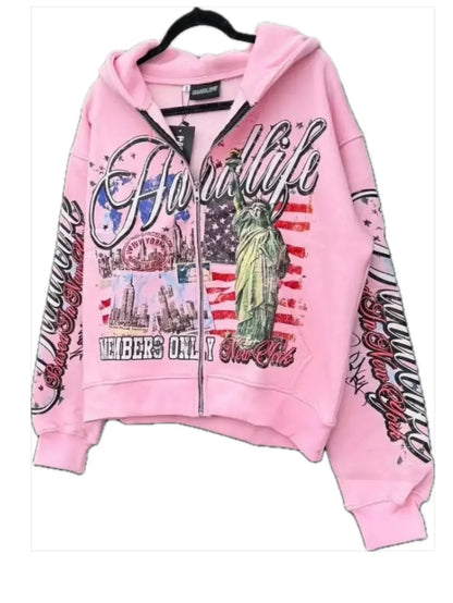 Pink cropped zipper sweatshirt jacket with bold statue of liberty american flag graphic design hoodie y2k fashion personality design