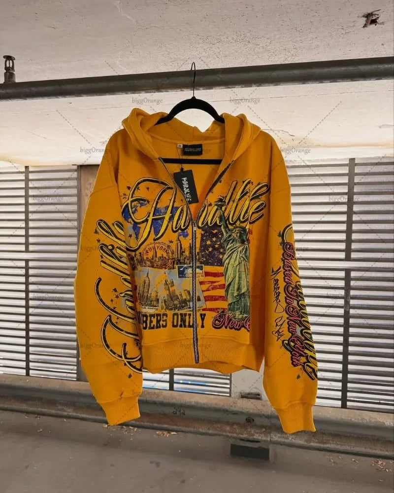 Vibrant yellow zipper sweatshirt jacket with bold hawaii graphic design and cityscape motifs for fashion personality design hoodie y2k