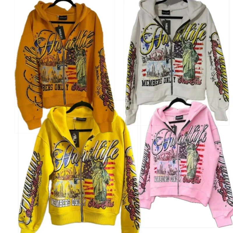 Vibrant oversized orange white yellow and pink zipper sweatshirt jacket with hardlife design hoodie y2k and american flag graphics