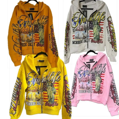 Vibrant oversized orange white yellow and pink zipper sweatshirt jacket with hardlife design hoodie y2k and american flag graphics