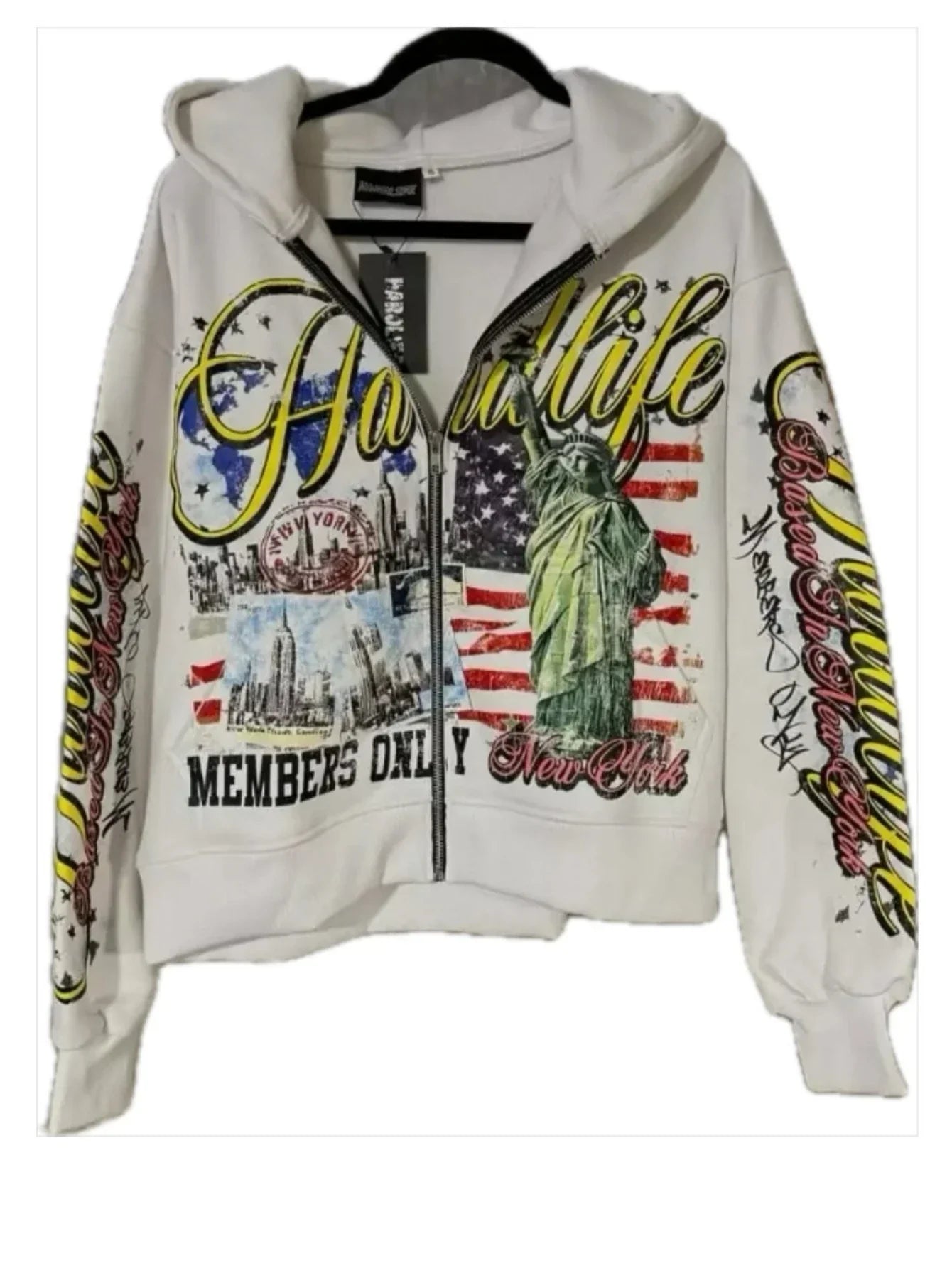 White zipper sweatshirt jacket with bold yellow green hawaii lettering and new york design hoodie y2k streetwear fashion personality