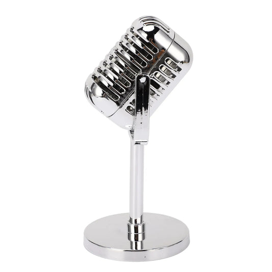 Shiny chrome vintage microphone prop with classic grille and slender stand electroplated for bar decoration