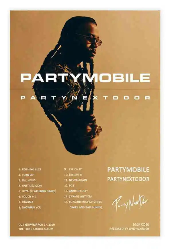 Sepia-toned partynextdoor canvas art featuring partymobile album cover for retro hip hop room decor