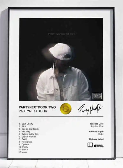 Black and white framed canvas poster featuring partynextdoor two album cover with man in white cap and jacket for room decor