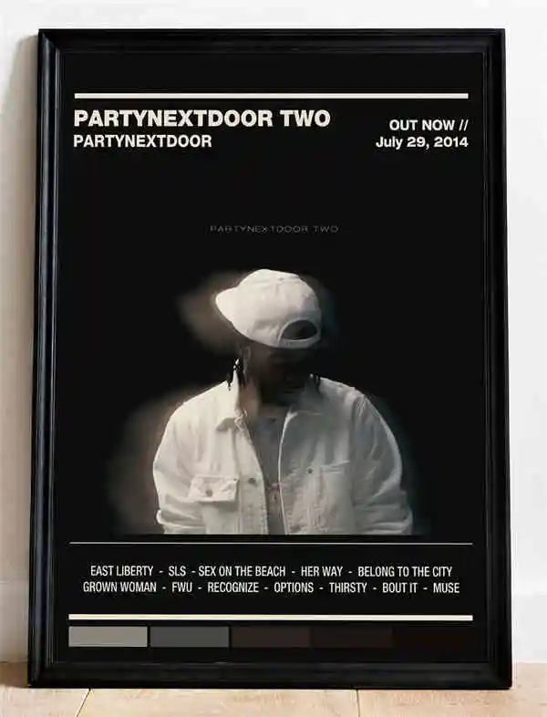 Black-framed canvas art featuring monochrome partynextdoor with white cap and text for room decor wall art