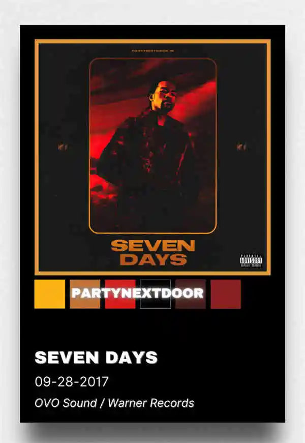 Black retro music album cover poster of seven days by partynextdoor with red lighting and gold border for room decor