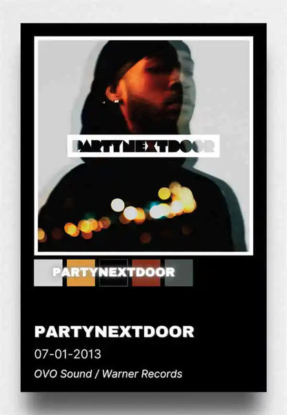 Black canvas art poster of partynextdoor 2013 album cover with artist silhouette and blurred city lights for room decor
