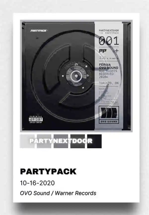 Black vinyl record with silver label and partypack branding on sleeve for retro music album wall decor