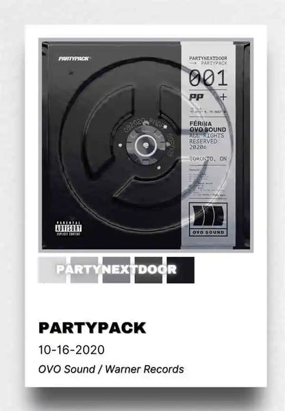 Black vinyl record with silver label and partypack branding on sleeve for retro music album wall decor