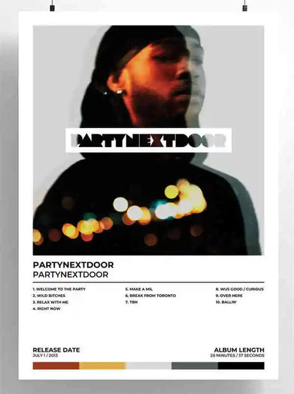 Minimalist partynextdoor album poster with monochrome portrait and warm bokeh lights on white paper for room decor