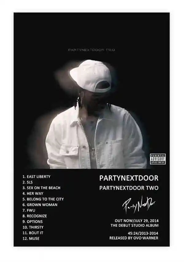 Black retro music album cover poster featuring a man in white baseball cap and denim jacket for room decor