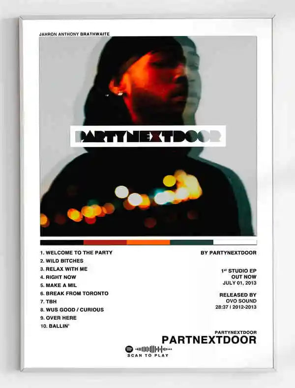 White-framed canvas art featuring a black-and-white portrait of Jahron Anthony Brathwaite with red lighting and bold white text for Party Next Door album by Partynextdoor