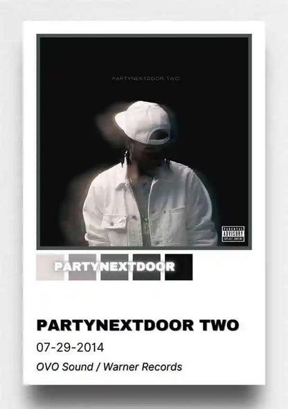 White canvas art featuring partynextdoor two album cover with man in white cap and jacket for room decor