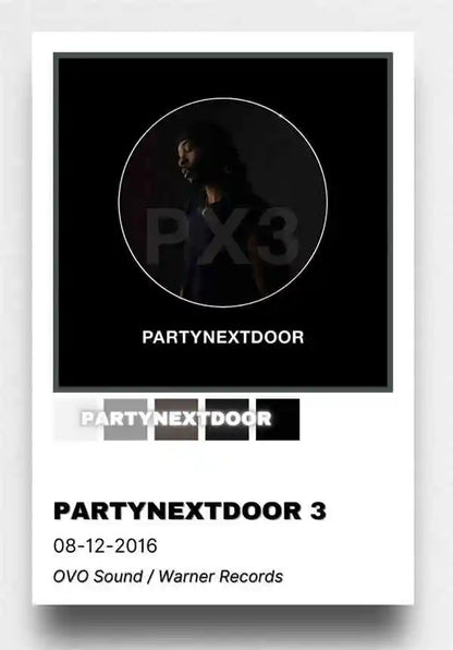 Black circular canvas art featuring partynextdoor silhouette and px3 text for retro hip hop room decor