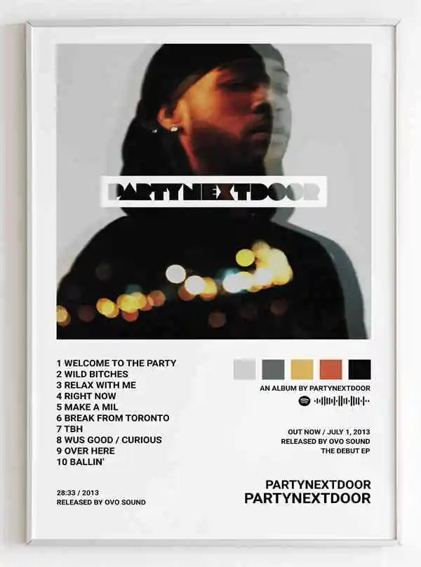 White-framed retro music album cover poster featuring black and white partynextdoor portrait with blurred city lights for room decor