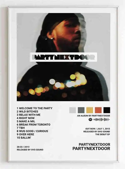 White-framed retro music album cover poster featuring black and white partynextdoor portrait with blurred city lights for room decor