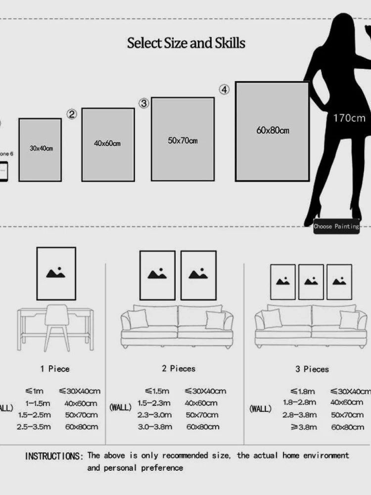 A minimalist black and white line art of a woman beside four framed canvas size options for retro music album poster decor