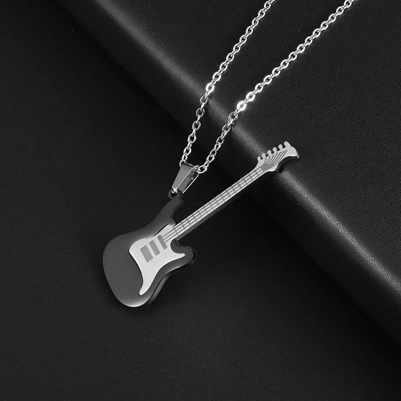 Silver guitar-shaped pendant necklace with sleek metallic finish and detailed fretboard, retro punk music and rock singer jewelry
