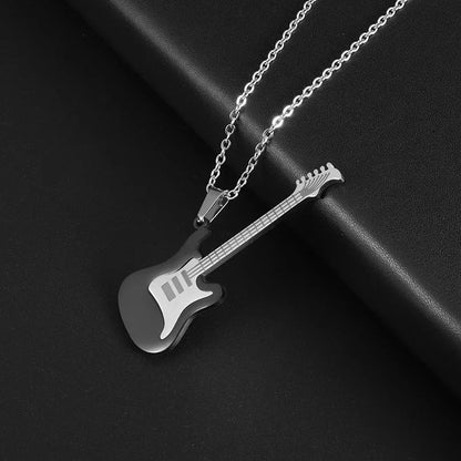 Silver guitar-shaped pendant necklace with sleek metallic finish and detailed fretboard, retro punk music and rock singer jewelry