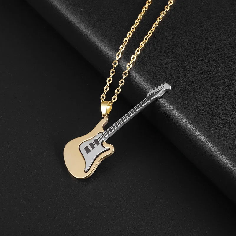 Gold and silver two-tone electric guitar pendant necklace personalized gothic pendant for retro punk music rock singer jewelry gift