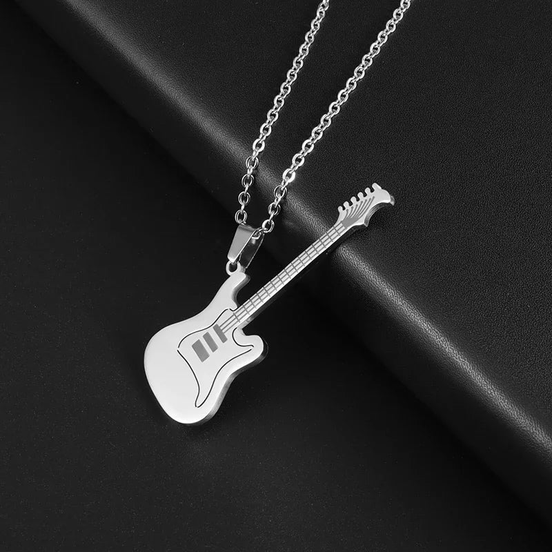 Silver stainless steel guitar-shaped pendant necklace featuring a sleek minimalist design for retro punk music style and rock singer jewelry