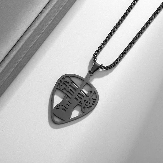 Black stainless steel guitar pick pendant necklace with intricate cut-out design retro punk music rock singer jewelry