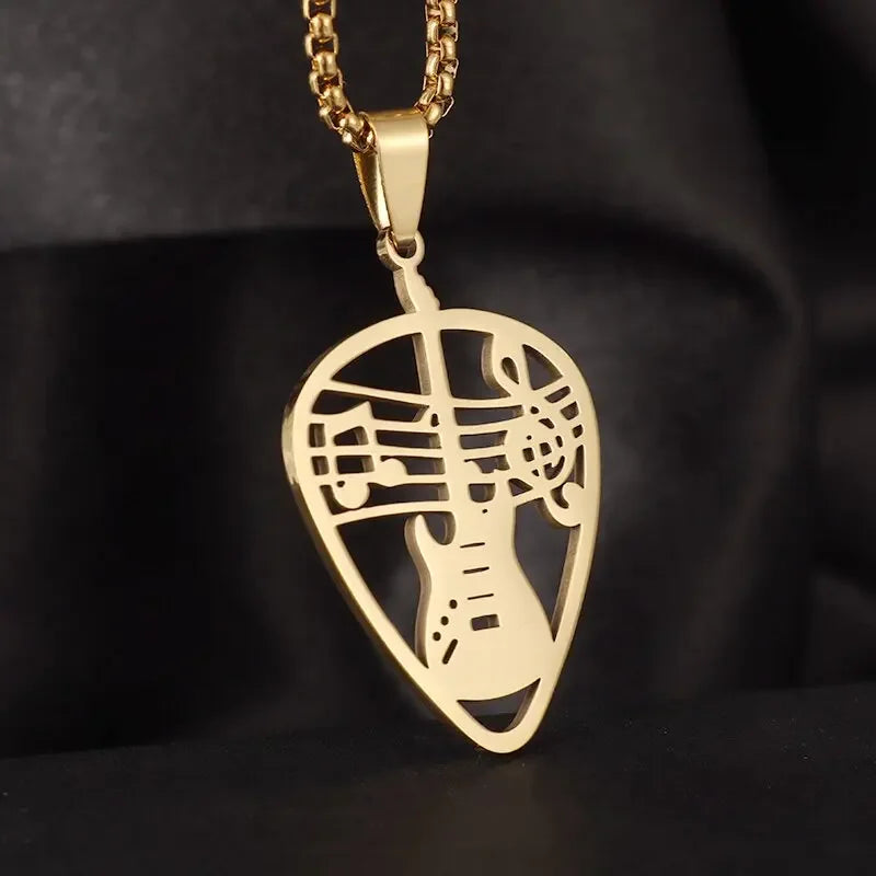 Gold metal guitar pick pendant with intricate cut-out design featuring retro punk music personalized gothic pendant rock singer jewelry