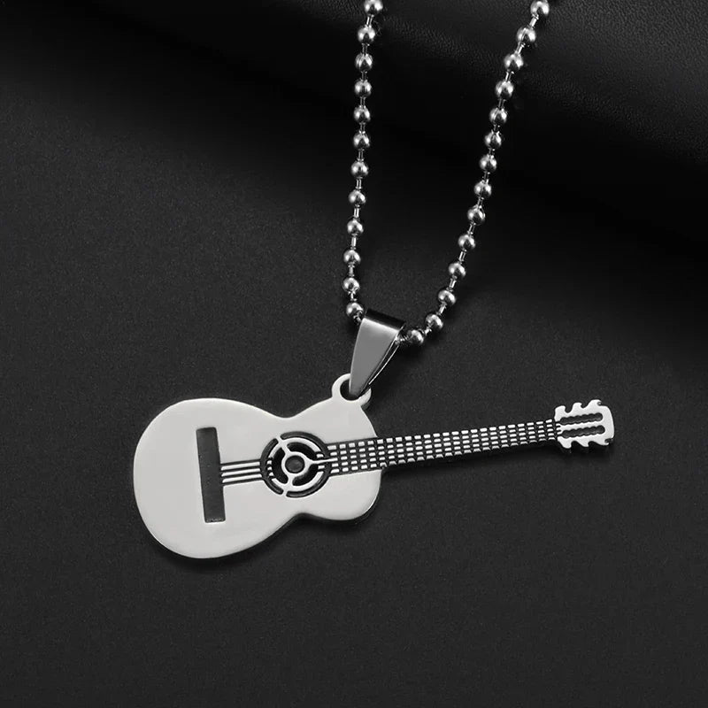 Silver guitar-shaped pendant necklace with beaded chain personalized gothic pendant retro punk music rock singer jewelry gift