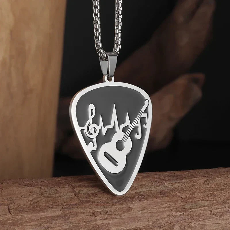 Silver guitar pick-shaped personalized gothic pendant necklace with black and white retro punk music design for rock singer jewelry gift
