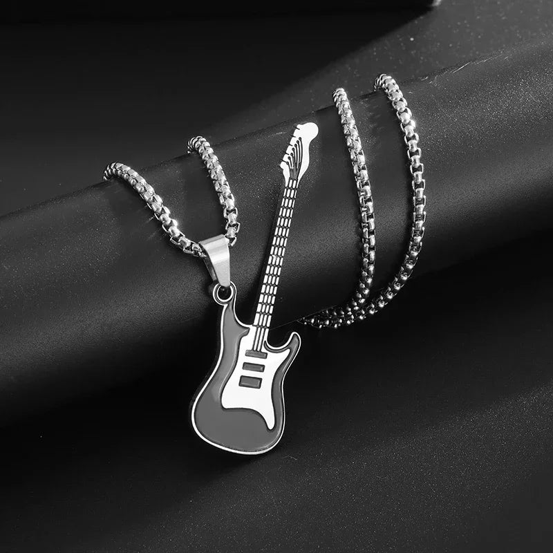 Silver guitar-shaped pendant necklace with black and white enamel finish for retro punk music and rock singer jewelry gift