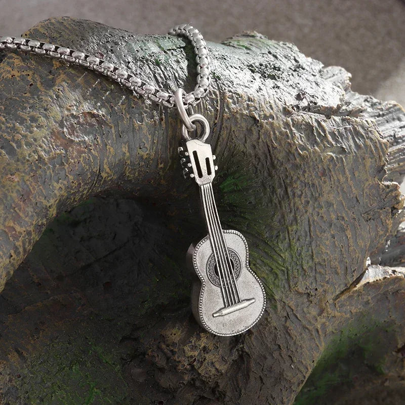 Silver guitar-shaped personalized gothic pendant on a box chain retro punk music rock singer jewelry gift for men