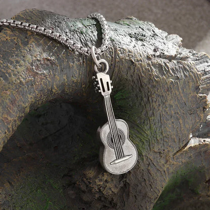 Silver guitar-shaped personalized gothic pendant on a box chain retro punk music rock singer jewelry gift for men