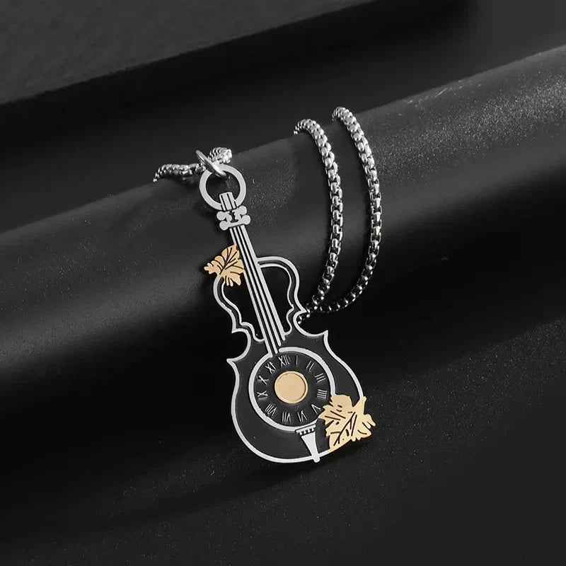 Silver and gold guitar-shaped personalized gothic pendant with roman numeral clock face and leaf details for rock singer jewelry