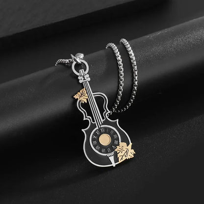 Silver and gold guitar-shaped personalized gothic pendant with roman numeral clock face and leaf details for rock singer jewelry