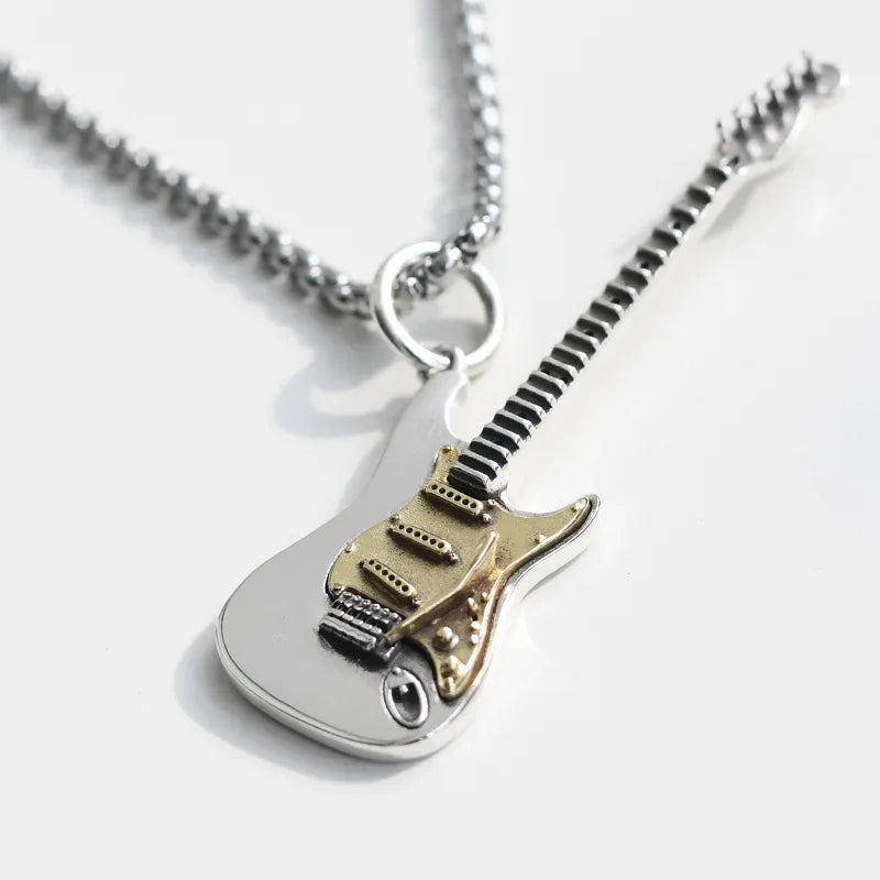 Silver and gold two-tone electric guitar pendant necklace for men retro punk music personalized gothic pendant rock singer jewelry