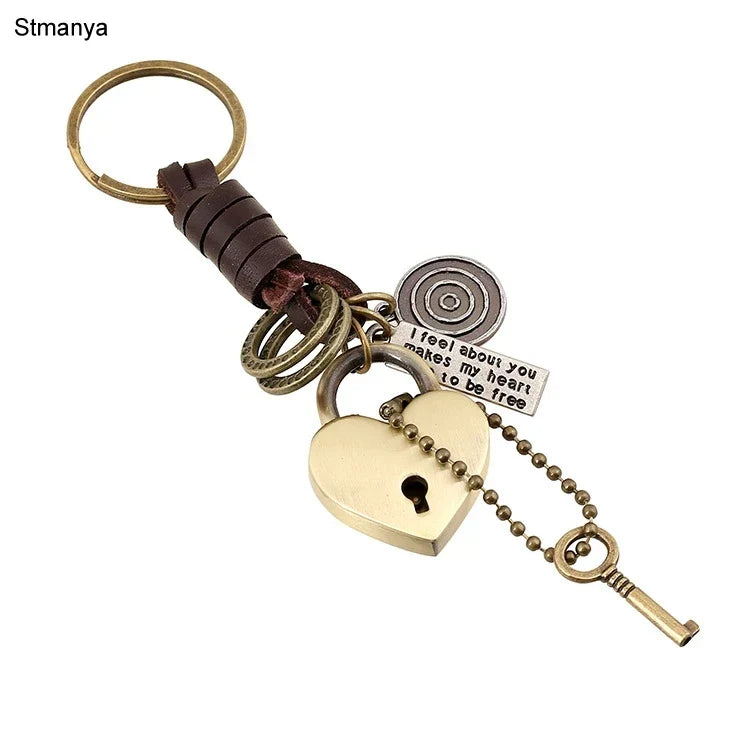 Antique brass retro punk style lock pendant keychain with leather car key ring and engraved heart plaque for men and women gifts