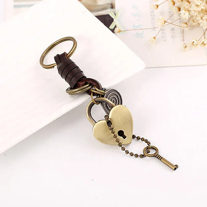 Antique brass retro punk style lock pendant key with brown leather car key ring and matching alloy bronze key holder