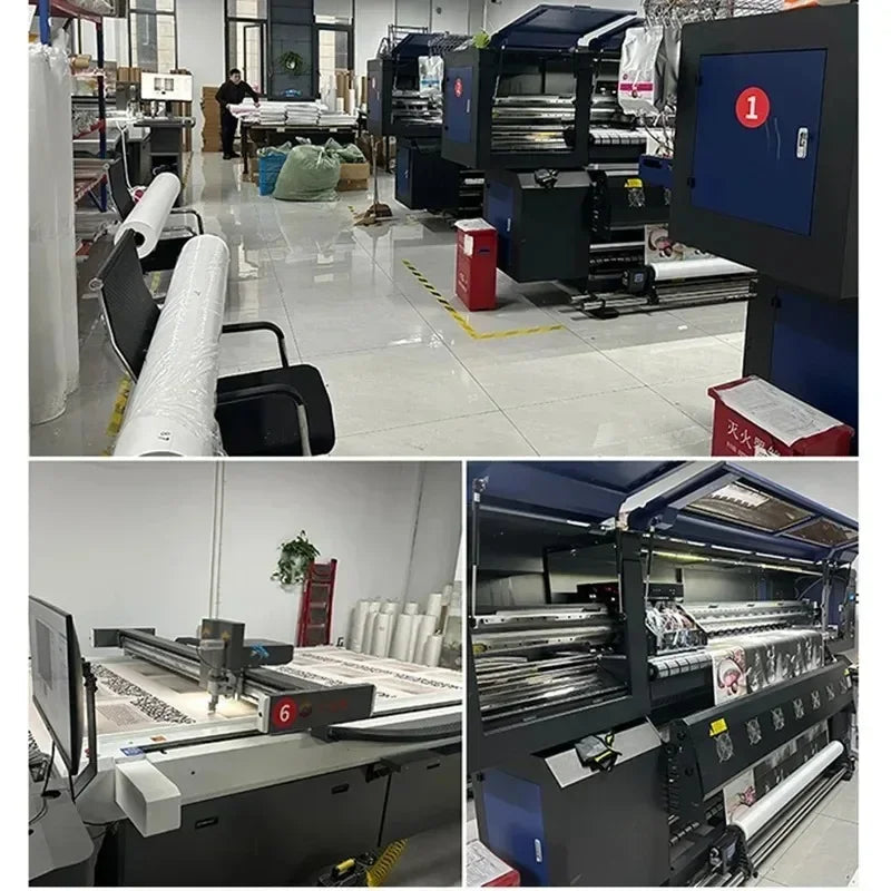 Industrial-grade digital printing machines with sleek black and blue roll-fed systems for high-volume retro record music canvas prints